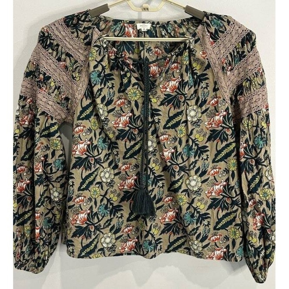 Anthropologie Eze Sur Mer Teal Floral Peasant BOHO Style Top Lace Tassel Size M
